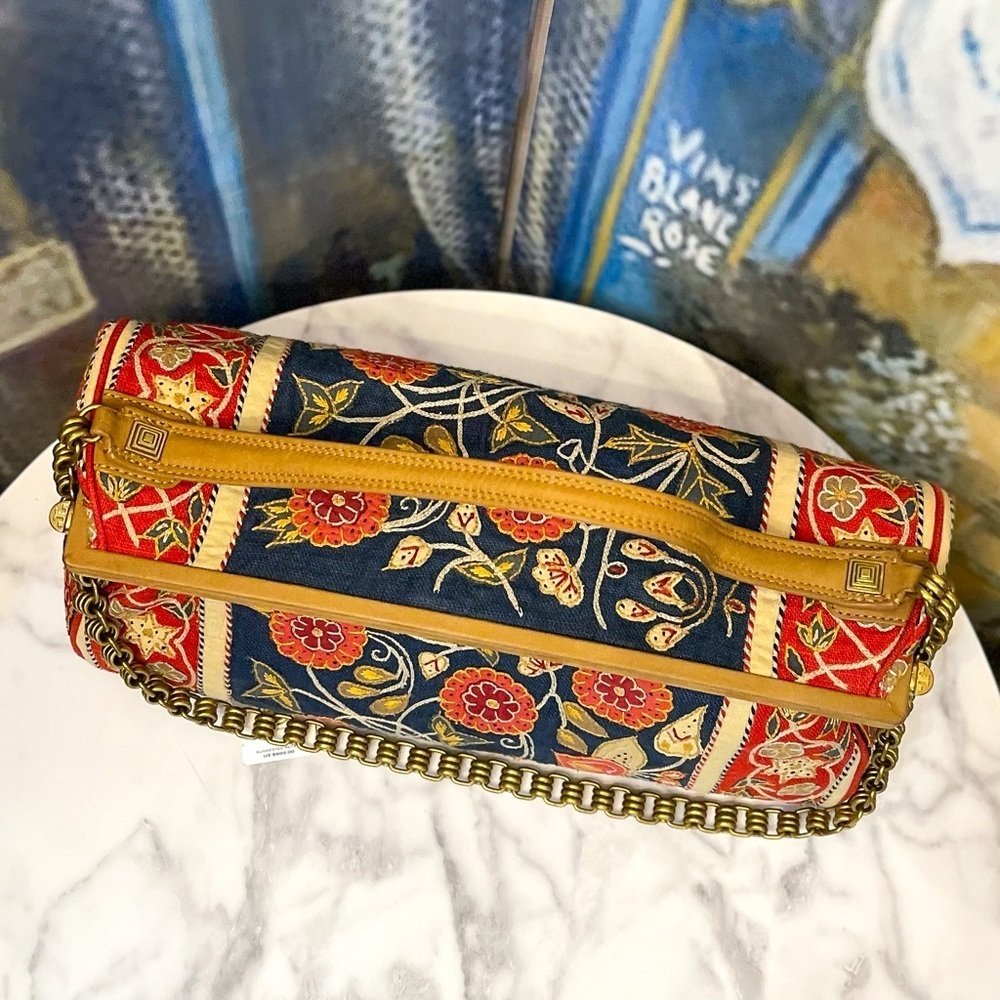 Tory Burch Tapestry Embroidered Barrel Bag Floral Carpet Navy Red Gold GUC - Picture 5 of 14